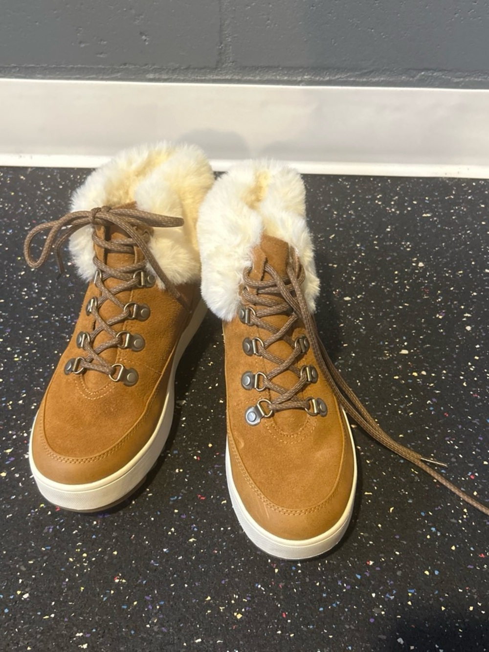Faux Fur Trim Suede Lace-Up Ankle brown Boot style high top tennis shoe